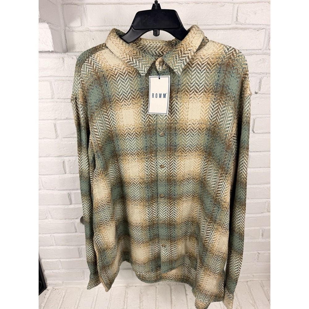 ROWM Mens XXL Green Tan Plaid Textured Button Up Shirt 100% Cotton NWT